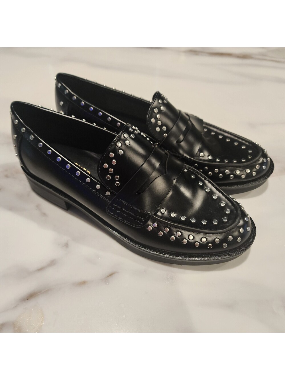 Marc Fisher Black Leather Studded Penny Loafers Womenโs Size 6.5